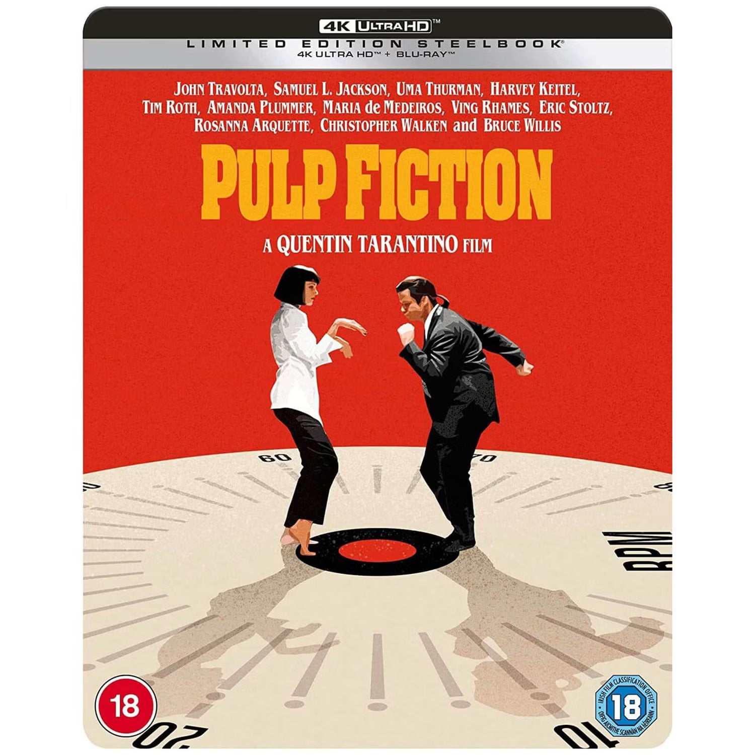 PRE-ORDER: Pulp Fiction Limited Edition UK Steelbook 4K UHD and Blu-Ray cover with iconic dancing scene on red background