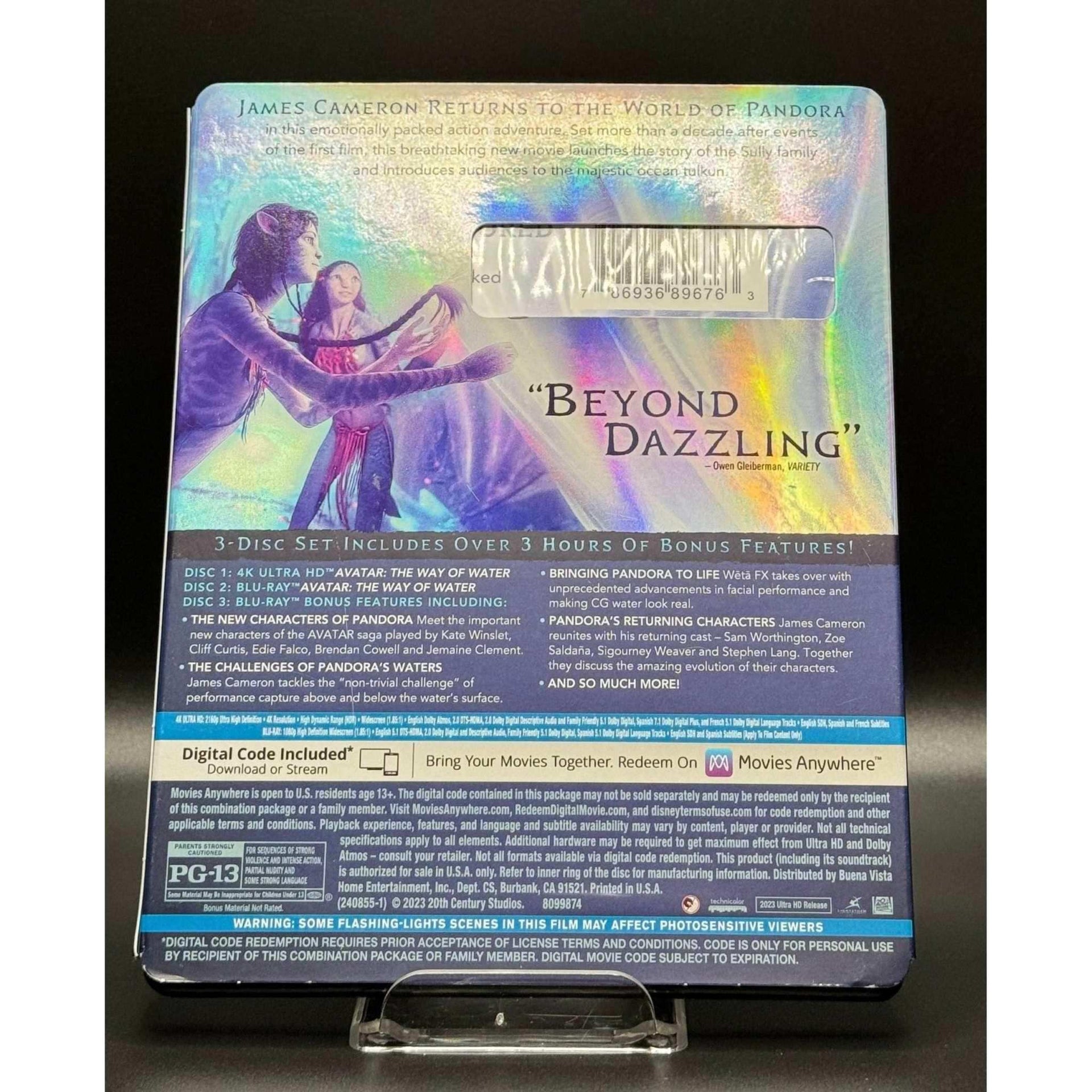 Avatar: The Way of Water 4K UHD Blu-Ray used with slipcover showing bonus features.