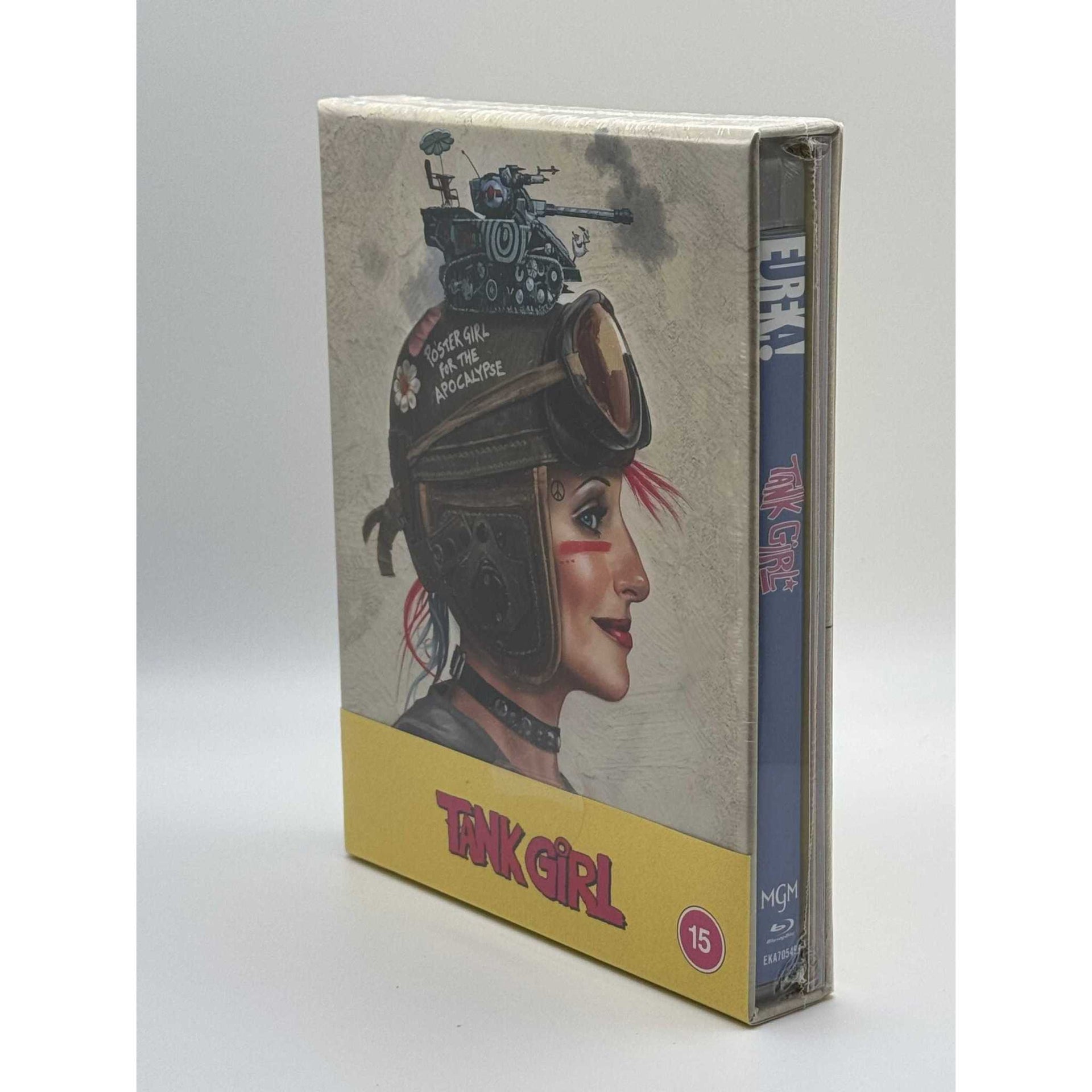 Tank Girl Limited Edition Blu-Ray with rigid slipcase featuring stylized illustration of female character in helmet and yellow band with title