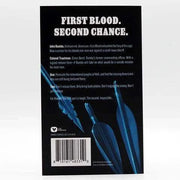 Back cover of "Rambo: First Blood Part II" paperback novelization by VS Press featuring text summary and blue arrows illustration.