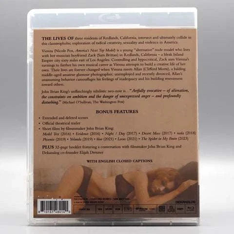Redlands Blu-Ray cover showing film synopsis and bonus features with slipcover in clear case
