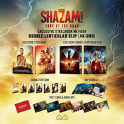 Shazam! Fury of Gods 4K UHD exclusive steelbook with double lenticular slip, character cards, postcards, envelope, and 36-page booklet.