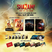 Shazam! Fury of Gods 4K UHD and Blu-Ray steelbook set with exclusive full slip, character cards, postcard, envelope, and 36-page booklet.