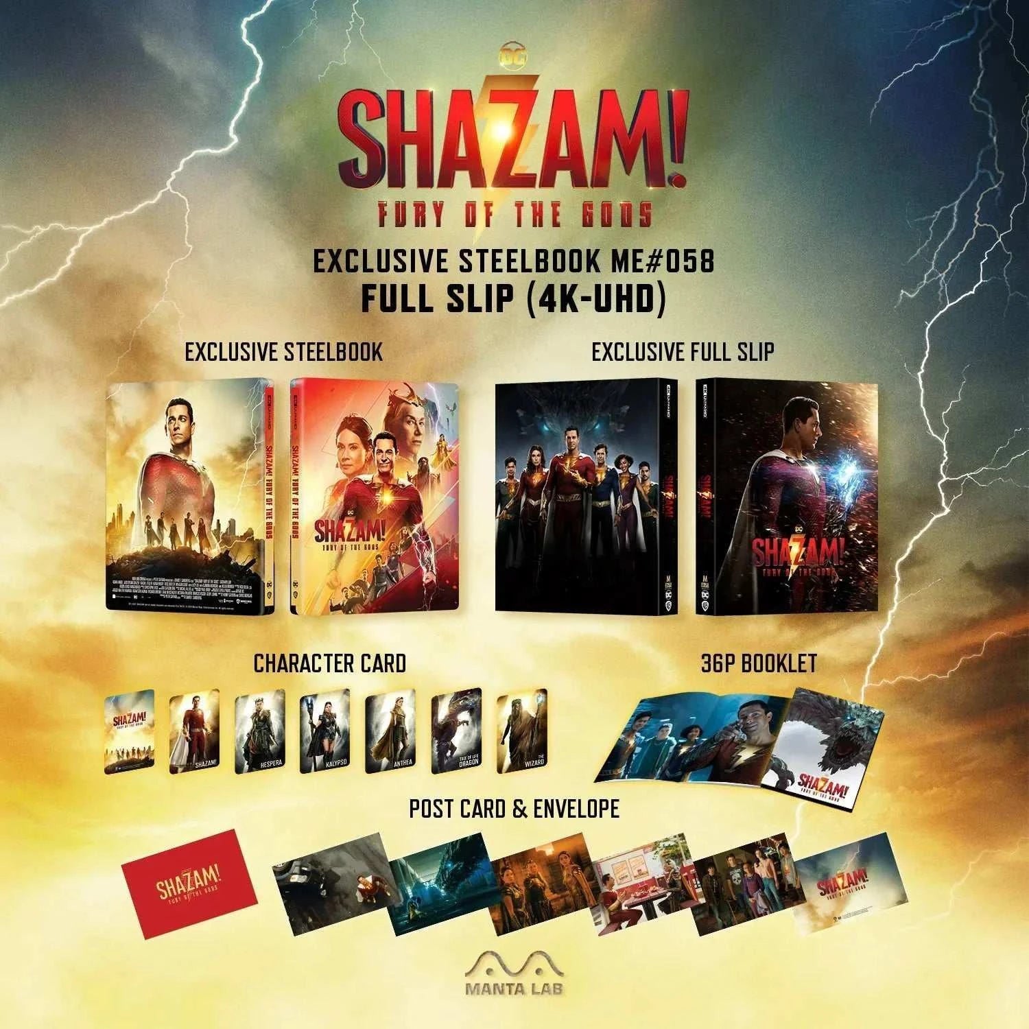 Shazam! Fury of Gods 4K UHD and Blu-Ray steelbook set with exclusive full slip, character cards, postcard, envelope, and 36-page booklet.