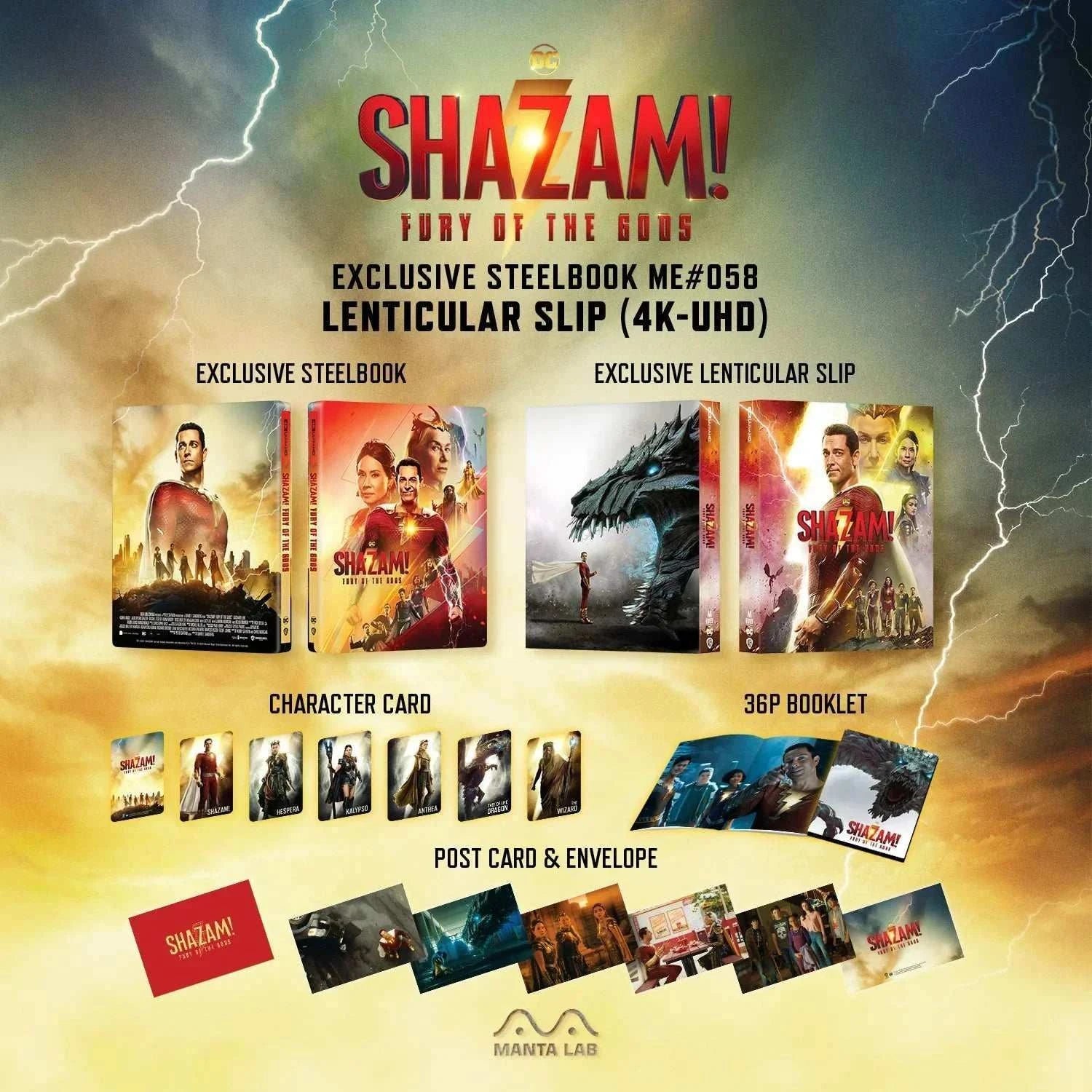 Shazam! Fury of Gods 4K UHD and Blu-Ray steelbook set with lenticular slip, character cards, postcards, envelope, and 36-page booklet