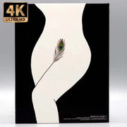 Vinegar Syndrome Ultra Showgirls 4K UHD Blu-Ray cover featuring minimalist art with peacock feather.