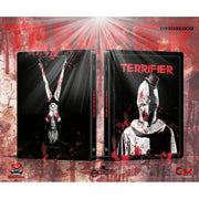 Terrifier Blu-Ray and DVD steelbook edition featuring Art the Clown with exclusive slipcovers and horror-themed artwork.