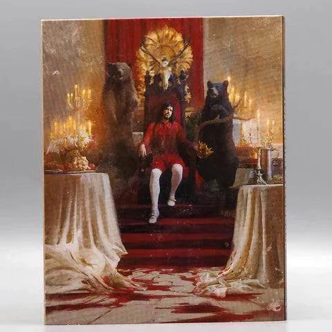 Stockholm Bloodbath Blu-Ray slipcover featuring a throne scene with a regal man in red, flanked by two bears and blood-stained floor.