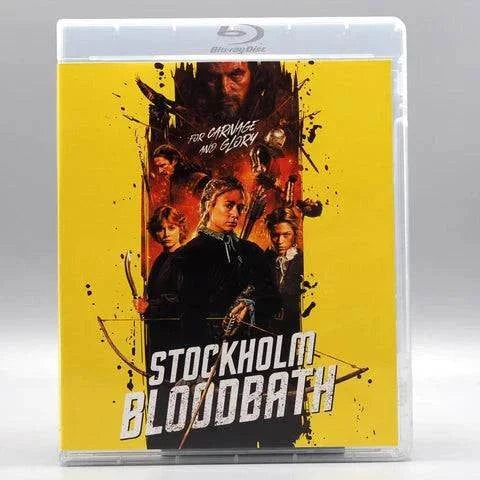 Stockholm Bloodbath Blu-Ray cover featuring characters with weapons on a yellow background and text "For Carnage and Glory"