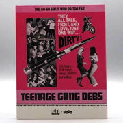 Teenage Gang Debs Blu-Ray slipcover featuring retro collage of girls, motorcycle, and switchblade knife on red background