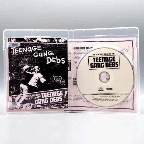 Blu-ray case open displaying Teenage Gang Debs disc and vintage-style cover art inside.