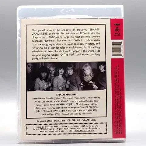 Teenage Gang Debs Blu-Ray case featuring vintage black and white stills and detailed film description on the back with red side label.