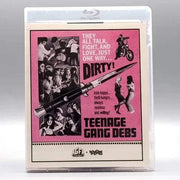 Blu-ray cover of Teenage Gang Debs by AGFA featuring vintage juvenile delinquent film poster design with pink background and black-and-white images.