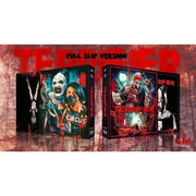 Terrifier Blu-Ray and DVD steelbook edition with exclusive full slip artwork, postcards, photo-booklet, lenticular slip, and collector's gifts.