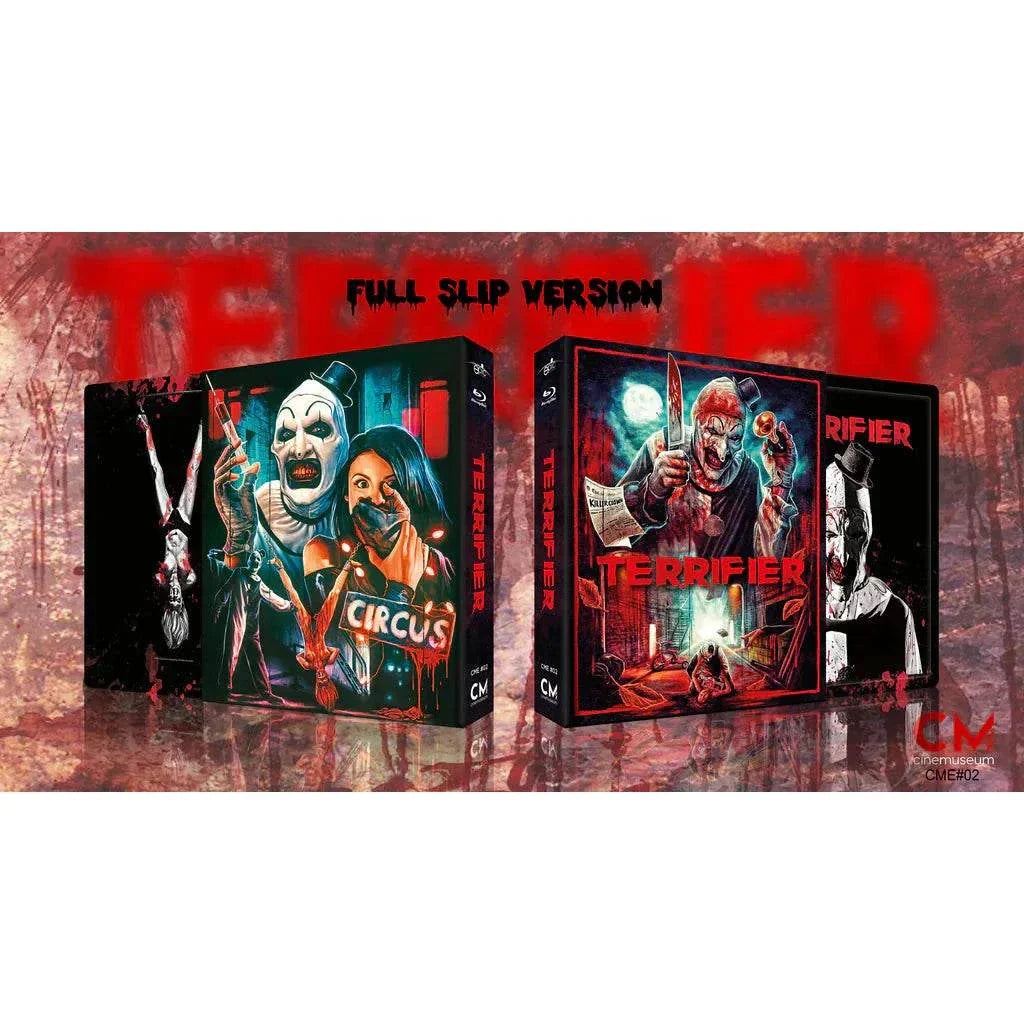 Terrifier Blu-Ray and DVD steelbook edition with exclusive full slip artwork, postcards, photo-booklet, lenticular slip, and collector's gifts.