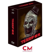 Terrifier Blu-Ray and DVD Steelbook edition featuring Art the Clown with exclusive CineMuseum packaging and bonus content.