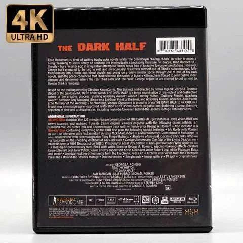 Vinegar Syndrome The Dark Half 4K UHD Blu-Ray with slipcase, featuring Stephen King and George A. Romero, detailed product packaging.