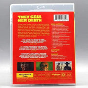 Blu-ray slipcover of Yellow Veil - They Call Her Death featuring a red background with movie synopsis, cast, and bonus material details.