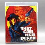 Yellow Veil - They Call Her Death Blu-ray cover featuring a woman with a gun and a red skull background