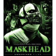 Maskhead Blu-Ray cover featuring a bandaged figure with a metal muzzle mask and dark green horror-themed background with supporting characters and title text.