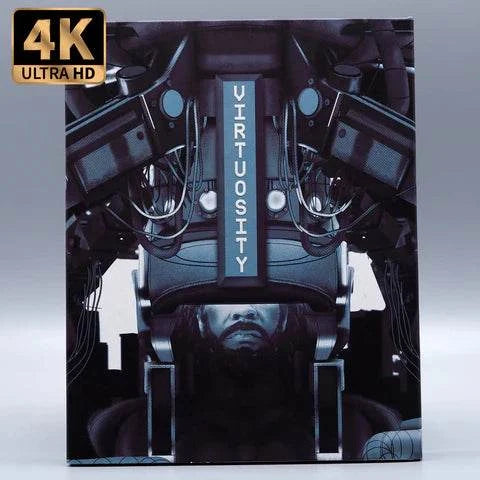 Virtuosity 4K UHD Blu-Ray with slipcase featuring cyberpunk-themed cover.