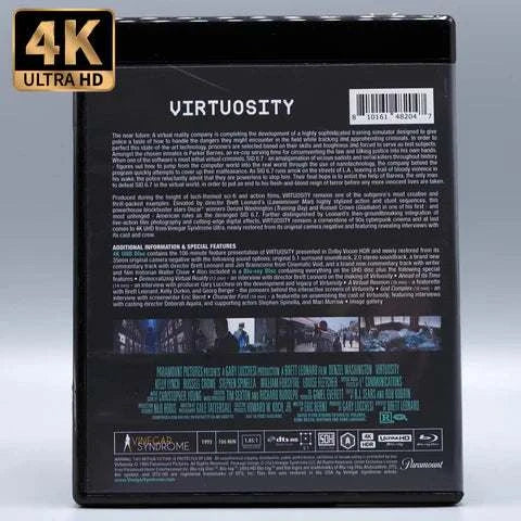 Virtuosity 4K UHD Blu-Ray Slipcase packaging with detailed movie description and features.