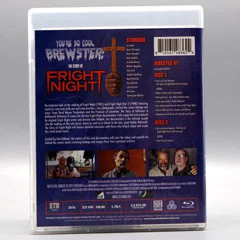 Back cover of "You're So Cool, Brewster! The Story of Fright Night" Blu-Ray with slipcover featuring movie details, cast, directed by Christopher Griffiths, and exclusive documentary content.