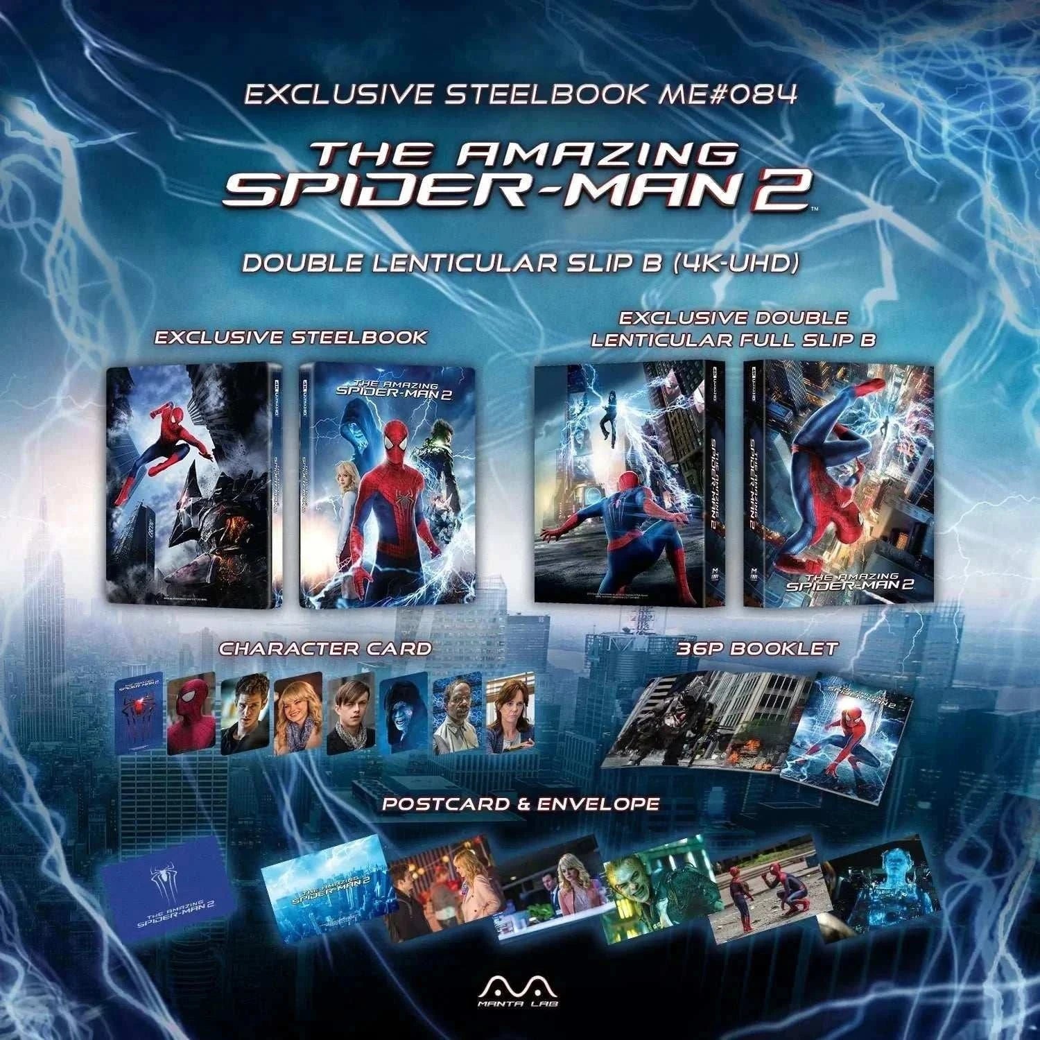 The Amazing Spider-Man 2 exclusive steelbook 4K UHD and Blu-Ray set with booklet, postcards, character cards, and lenticular slipcover