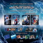 The Amazing Spider-Man 2 Steelbook 4K UHD and Blu-Ray double lenticular full slip edition with exclusive artwork, booklet, postcards, and character cards.
