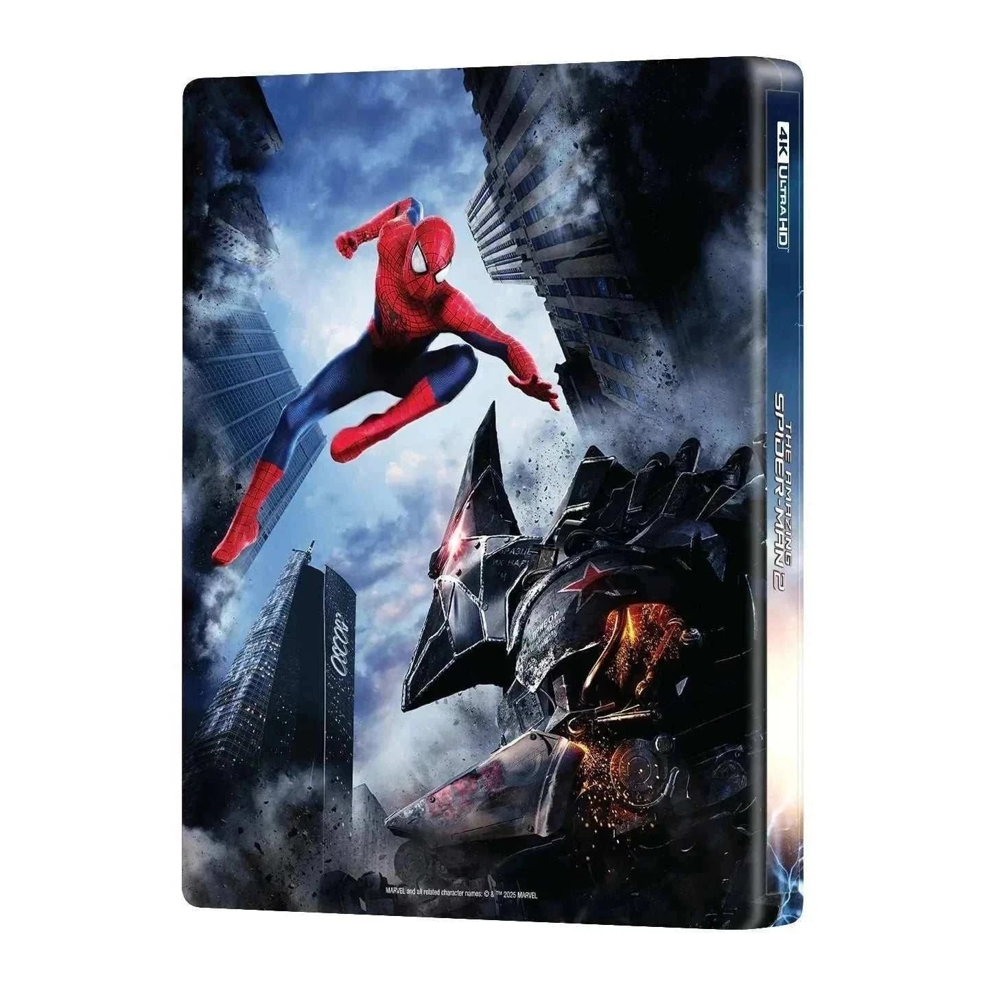 The Amazing Spider-Man 2 Steelbook 4K UHD Blu-Ray double lenticular full slip-B cover art with Spider-Man and robotic villain in New York City