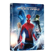 The Amazing Spider-Man 2 Steelbook 4K UHD Blu-ray cover with Spider-Man and villains in stormy background