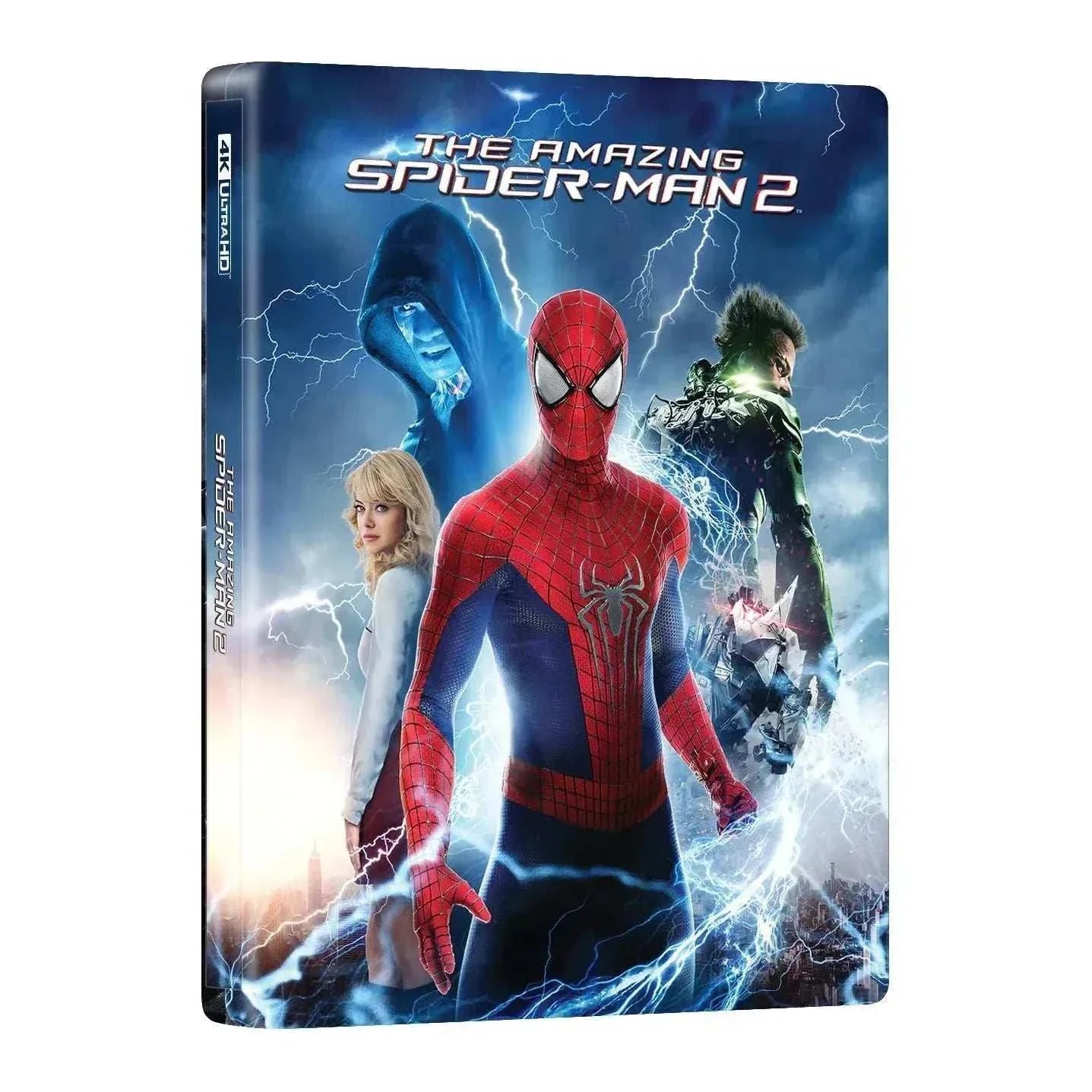 The Amazing Spider-Man 2 Steelbook 4K UHD Blu-ray cover with Spider-Man and villains in stormy background