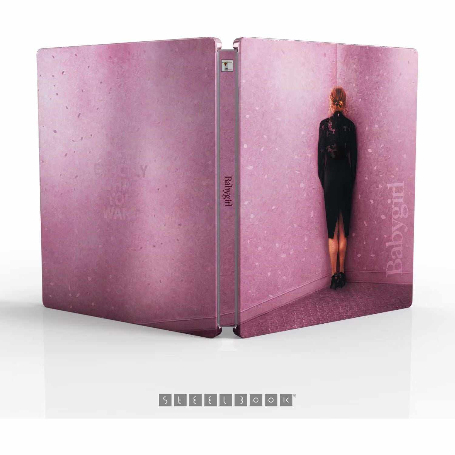 Babygirl Limited Edition 4K Ultra HD Steelbook with decorative pink cover featuring a woman standing by a wall.