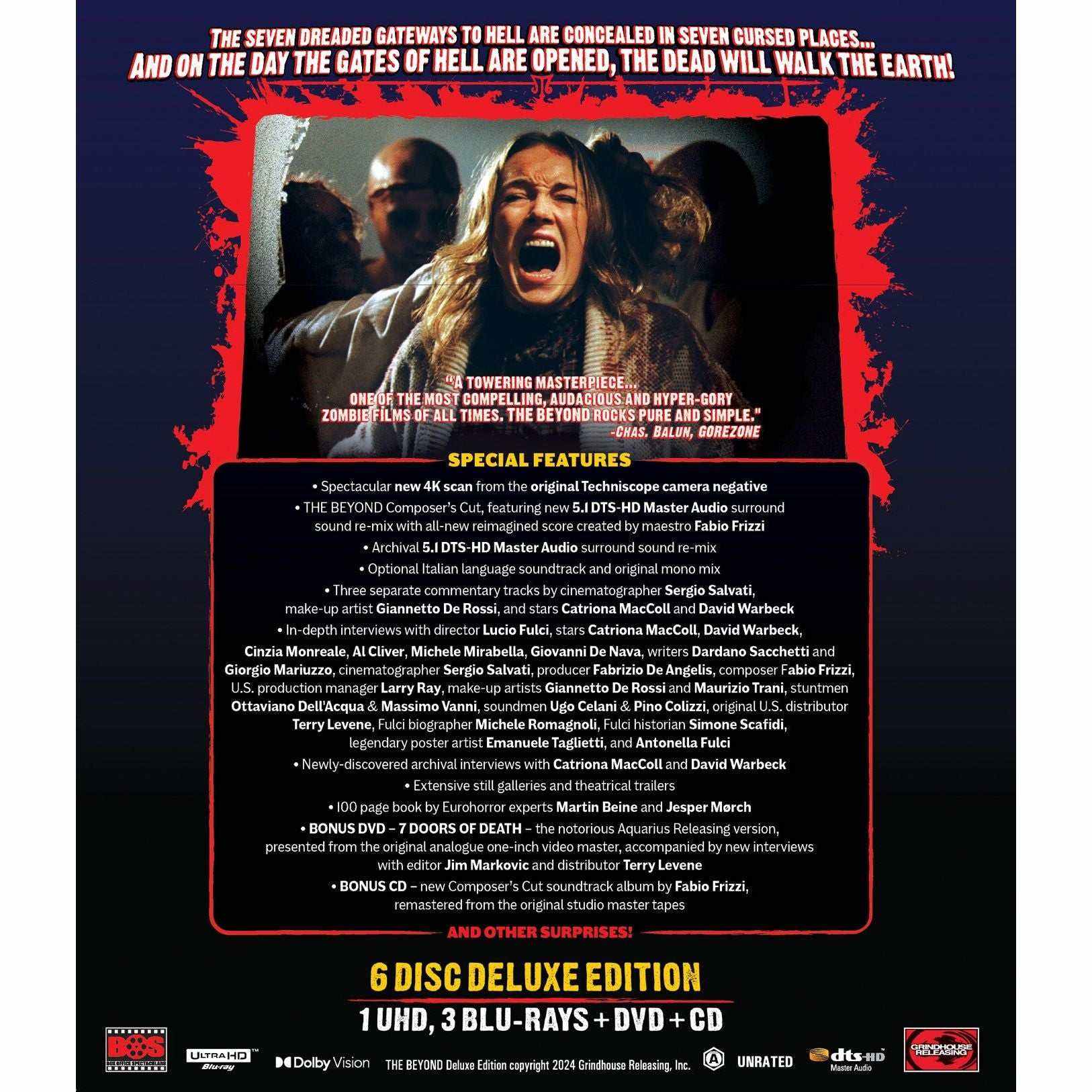 The Beyond 6-disc Deluxe Edition horror movie set with 4K UHD, Blu-rays, DVD, CD, special features, new artwork, and comprehensive collector's packaging.