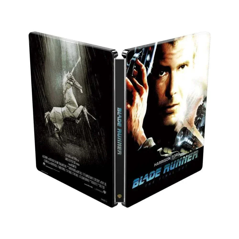 Blade Runner 4K Ultra HD limited edition steelbook with debossed title featuring front cover artwork of Harrison Ford and rear cover image of origami unicorn