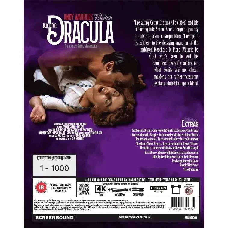Blood For Dracula (1974) Limited Edition 4K UHD with numbered slipcover and extras.