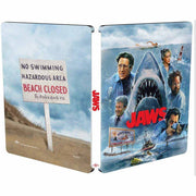 Jaws Limited Edition 50th Anniversary UK Steelbook with iconic shark and characters artwork, region-free 4K Ultra HD and Blu-Ray set
