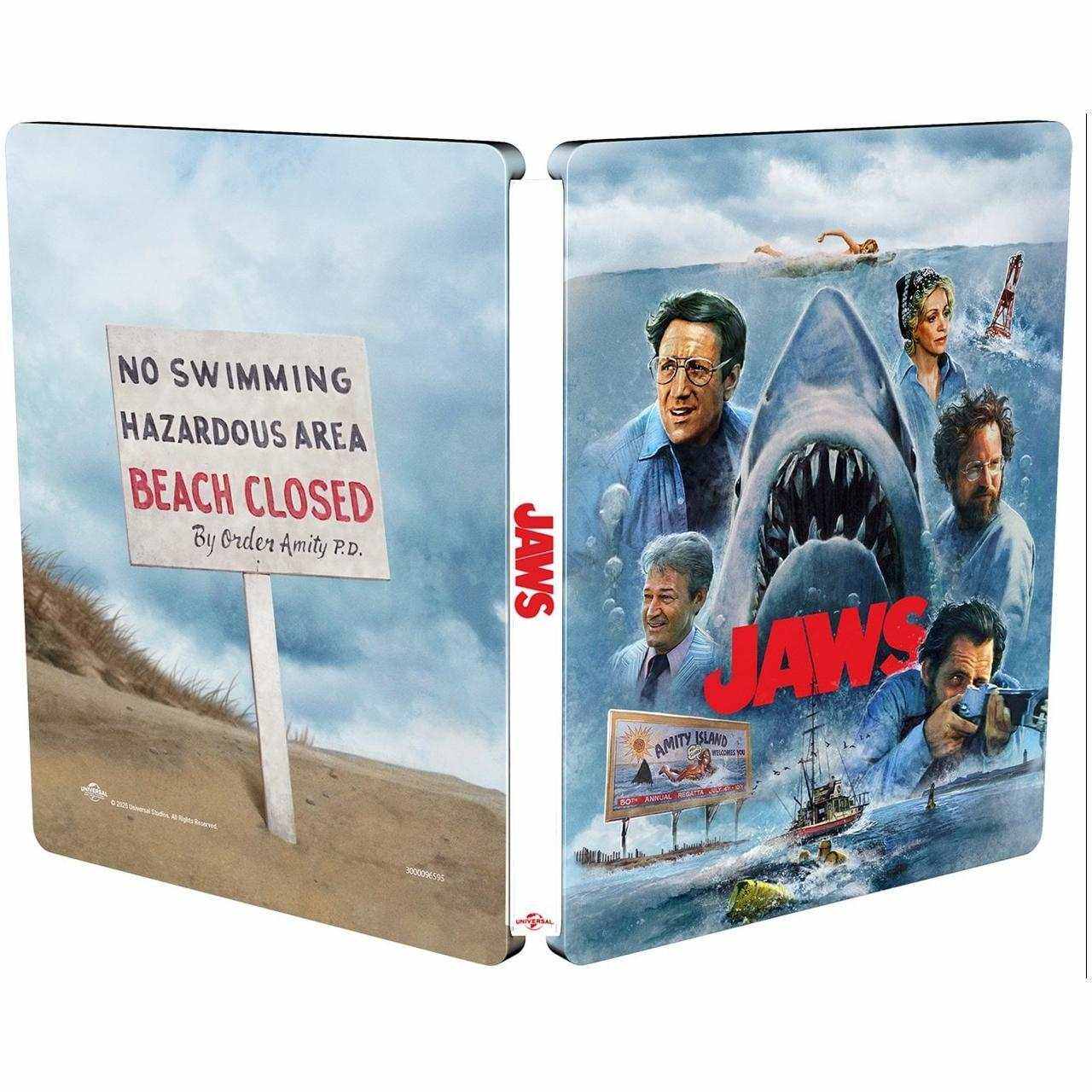 Jaws Limited Edition 50th Anniversary UK Steelbook with iconic shark and characters artwork, region-free 4K Ultra HD and Blu-Ray set
