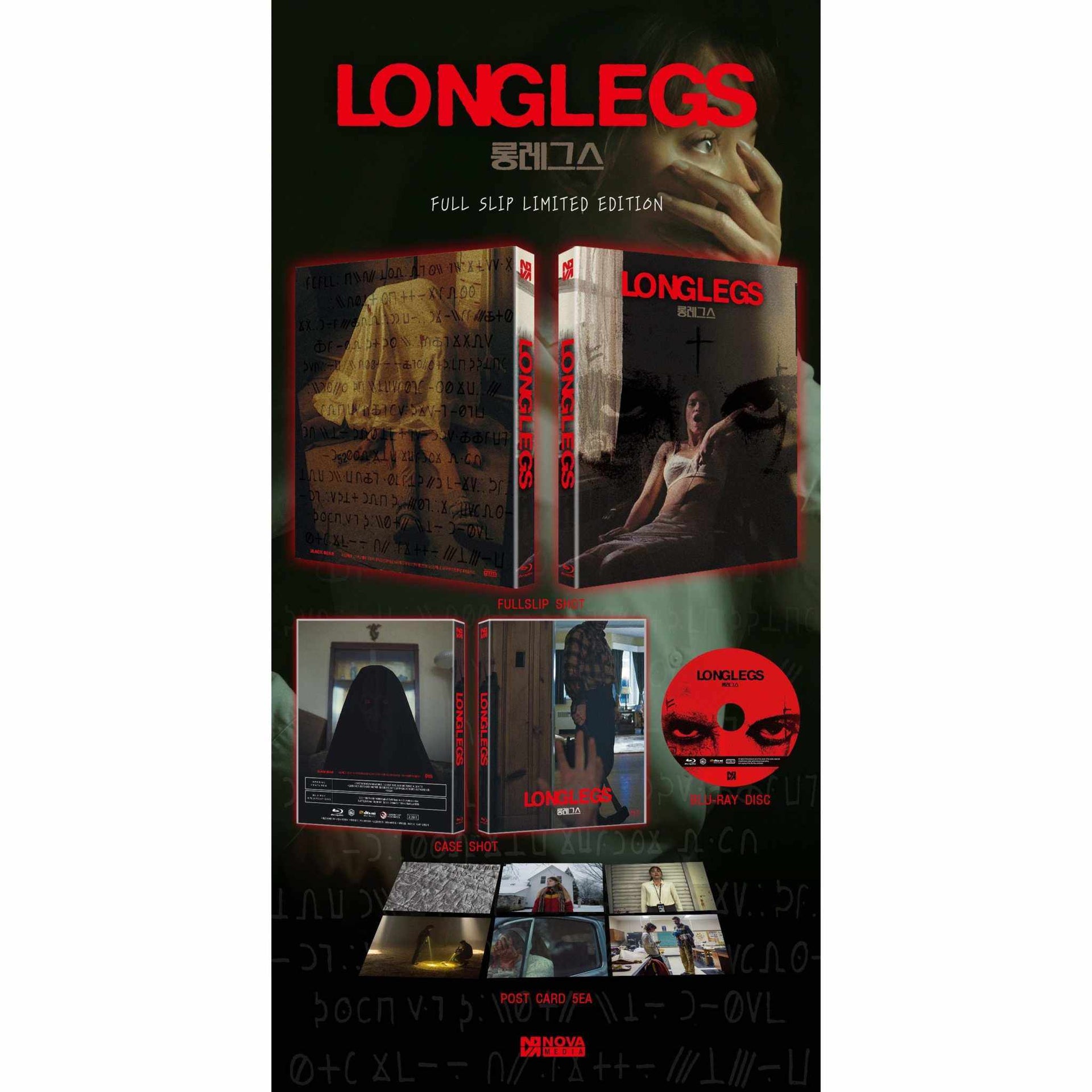 Longlegs 2024 Blu-Ray numbered limited edition full slip with post cards by Nova Media featuring horror thriller cover art and special bonus content.