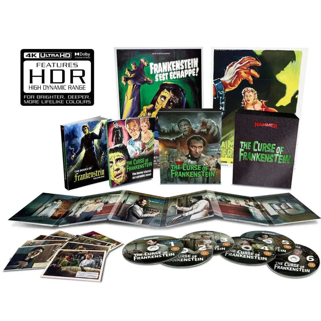 The Curse of Frankenstein Limited Collectors Edition 4K Ultra HD and Blu-Ray set with rigid slipcase, artwork, booklet, posters, art cards, and six discs featuring extras and restored film content