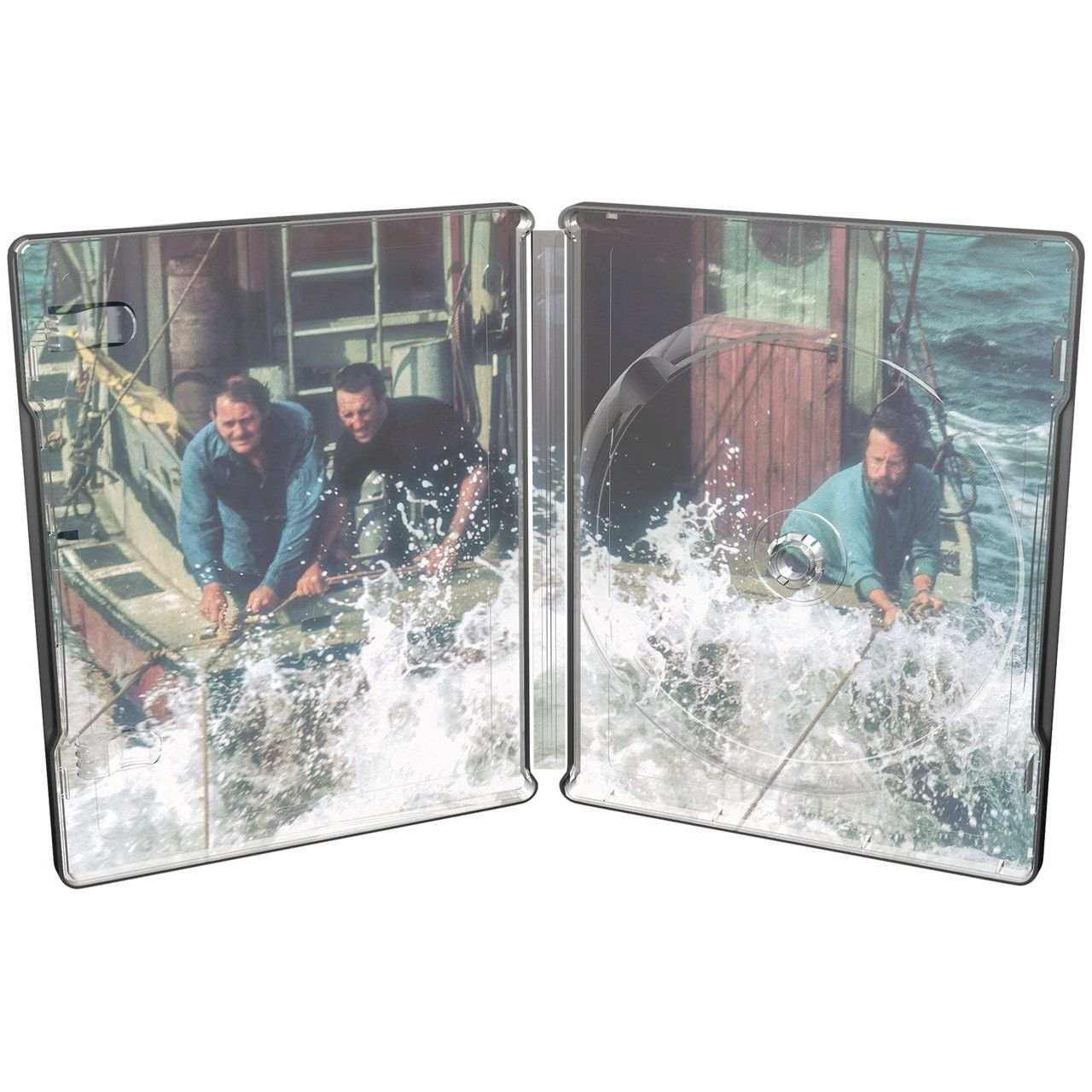 Jaws Limited Edition 50th Anniversary UK Steelbook 4K Ultra HD and Blu-Ray inside artwork showing fishermen on boat splashing water.