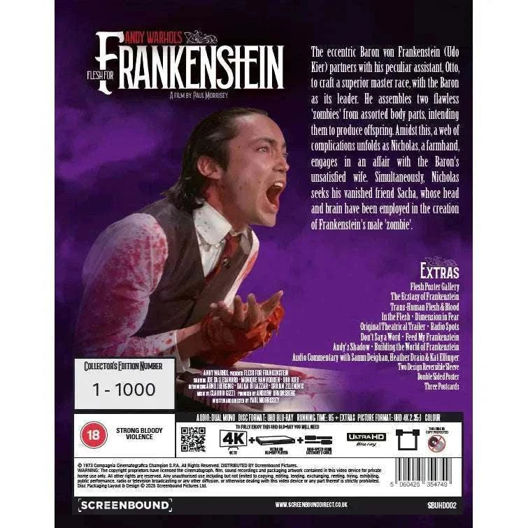 Flesh For Frankenstein (1973) Limited Edition 4K UHD with Numbered Slipcover, extras include audio commentary, posters, postcards, and more.