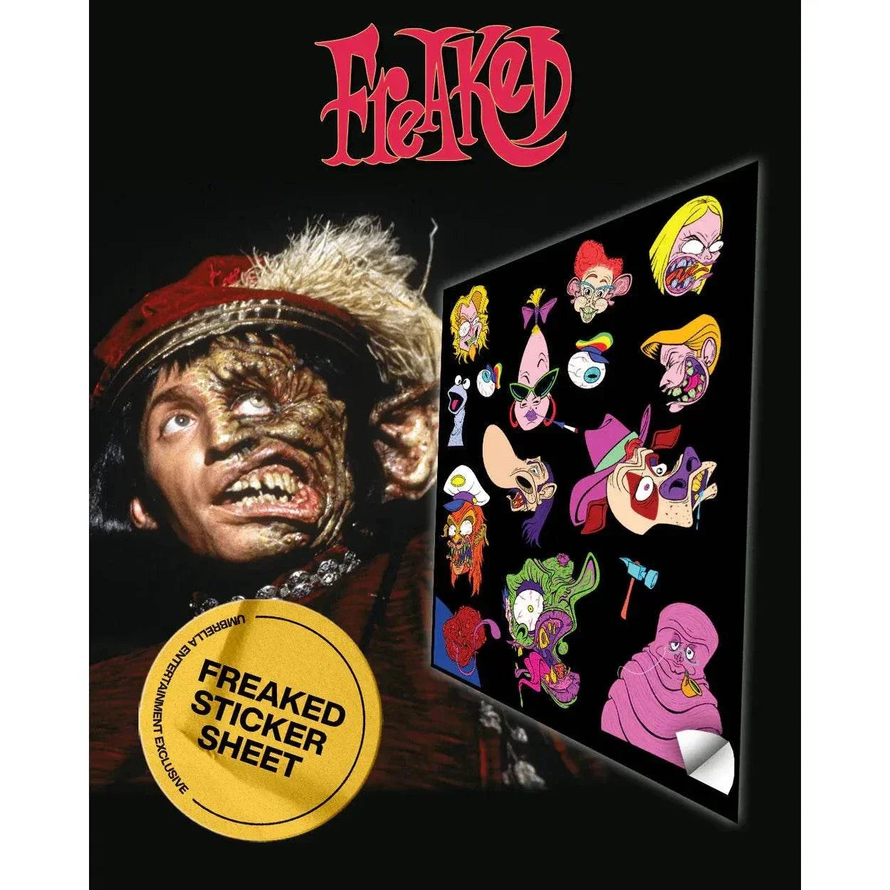 Freaked (1993) 4K UHD collector's edition featuring monstrous character with distorted face and Freaked sticker sheet artwork