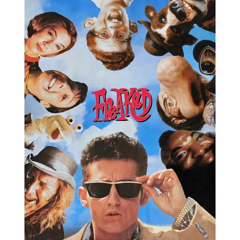 Freaked 1993 cult comedy movie cover with characters and blue sky background