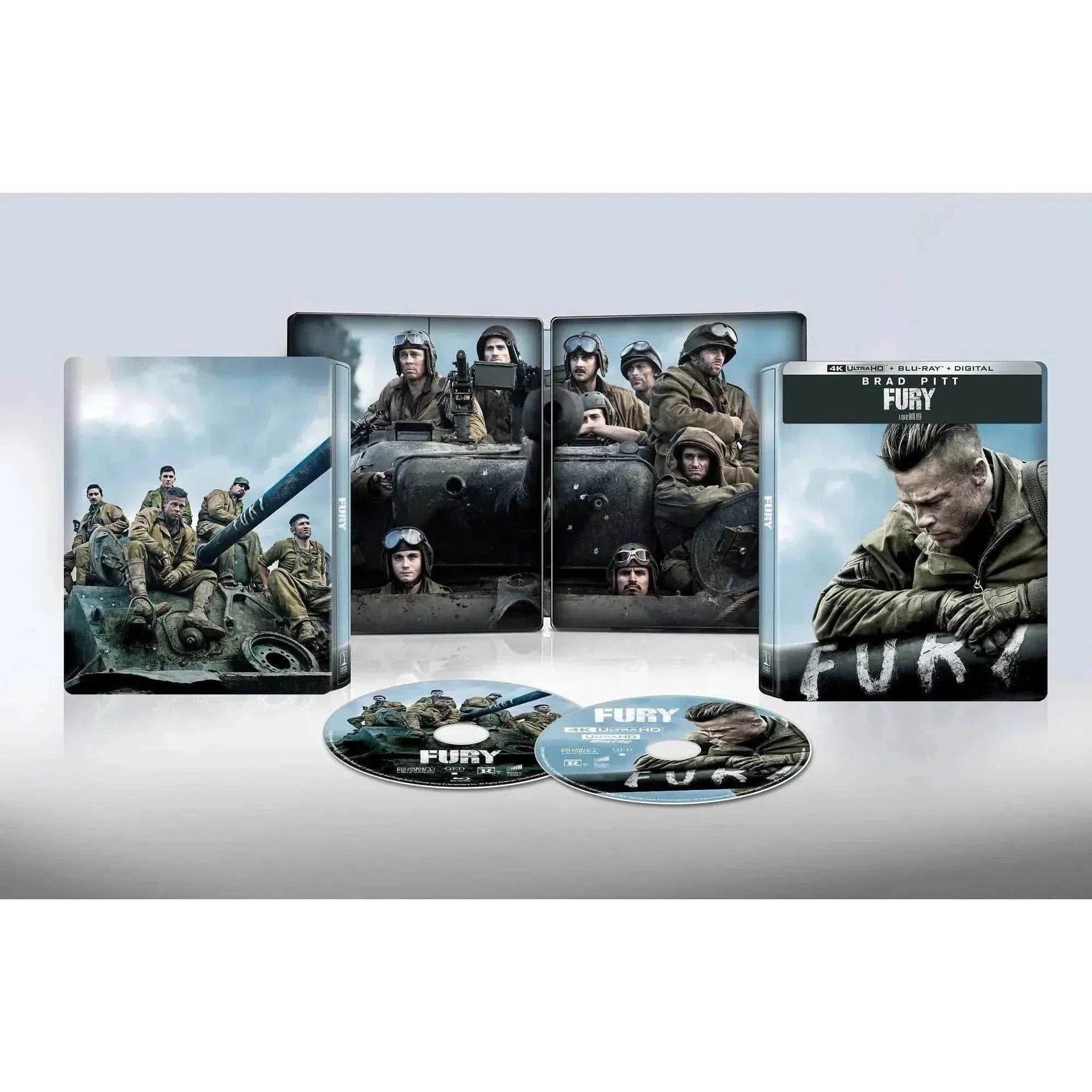 Fury 2014 Limited Edition 4K UHD and Blu-Ray Steelbook set featuring Brad Pitt and tank crew images with special features and high-definition discs