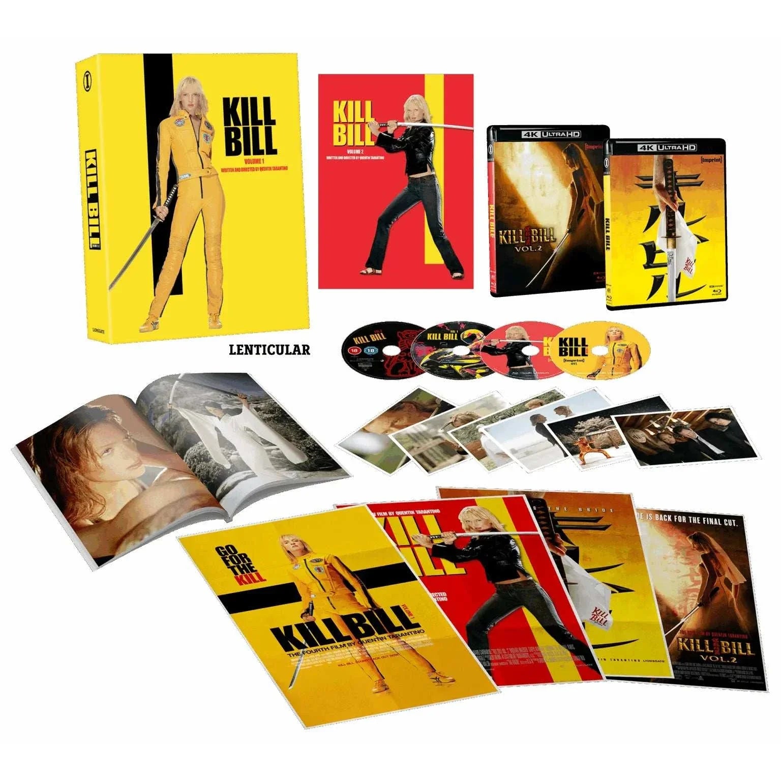 Kill Bill limited edition 4K UHD and Blu-ray set with lenticular hardbox, posters, booklet, and collectible cards