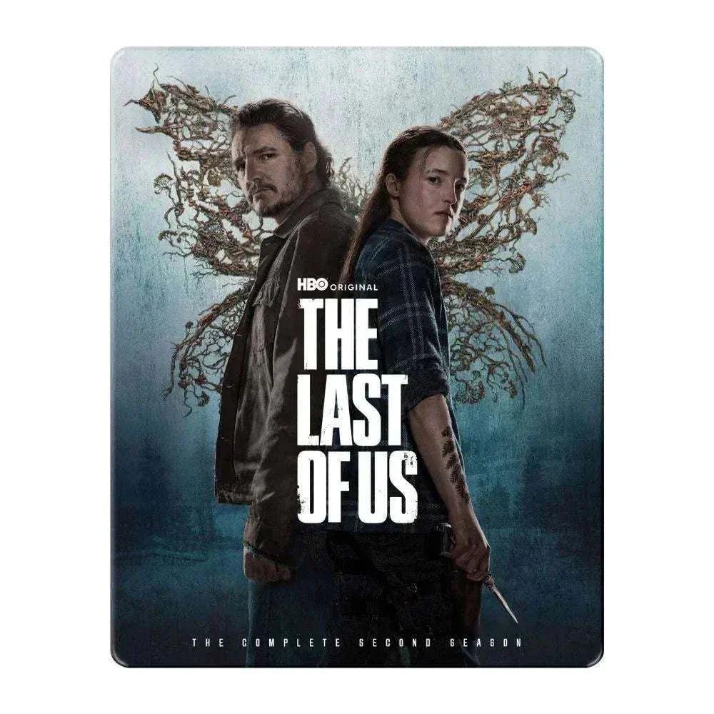 The Last Of Us Season 2 UK Limited Edition Steelbook 4K Ultra HD cover featuring Joel and Ellie back to back with a dark, artistic background