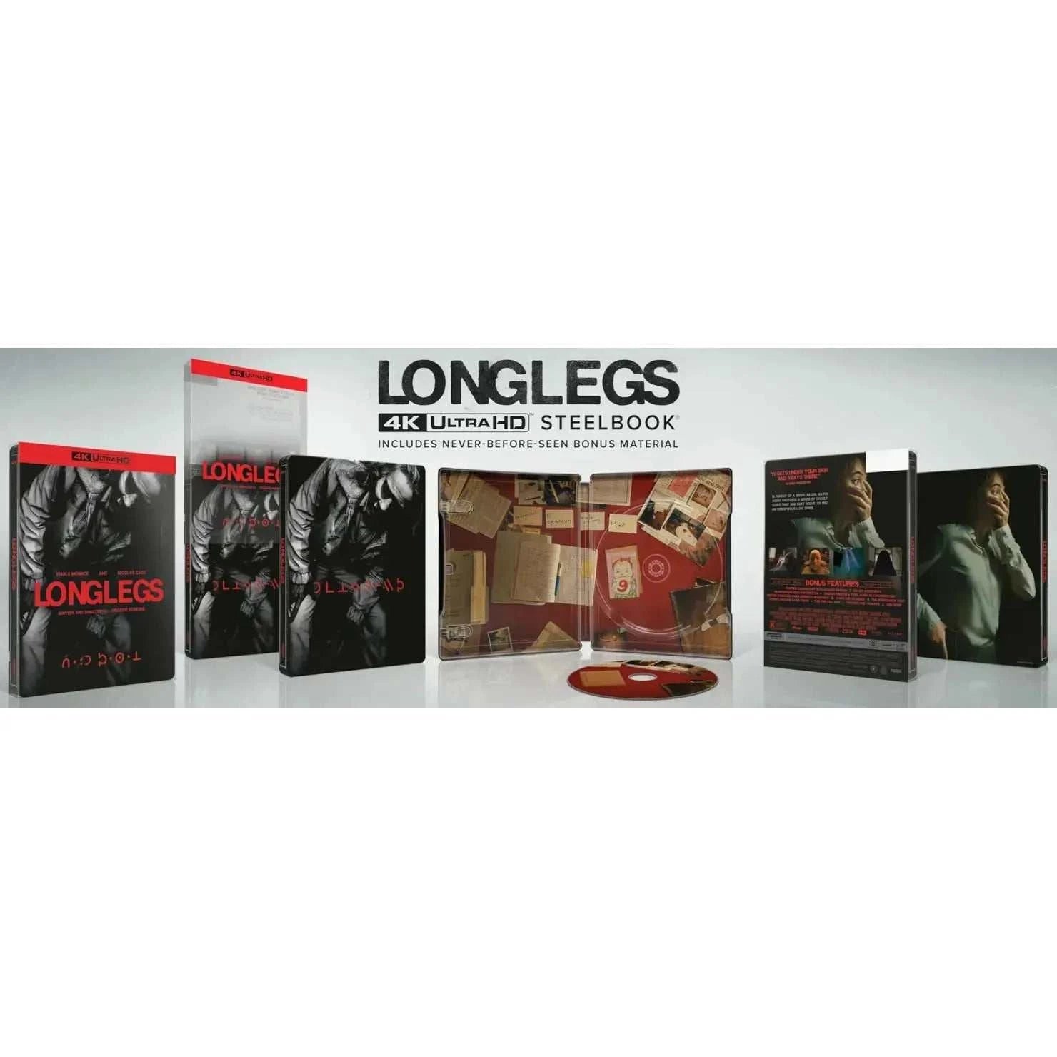 Longlegs 4K UHD Steelbook with Slipcover display and bonus content.