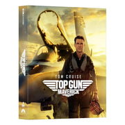 Top Gun Maverick 4K UHD Blu-Ray Steelbook featuring pilot in flight suit standing by fighter jet at sunset