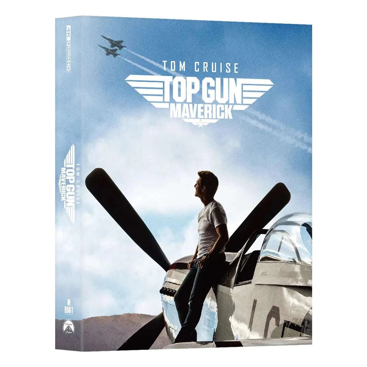 Top Gun: Maverick 4K UHD Blu-Ray Steelbook featuring Tom Cruise standing by fighter jet with jets flying in sky, limited edition numbered set